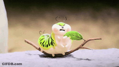 A Cartoon Worm With A Green Leaf On Its Back Is Sitting On A Branch GIF