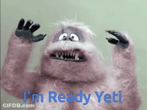 A Cartoon Yeti Says I 'M Ready Yeti In Blue Letters GIF