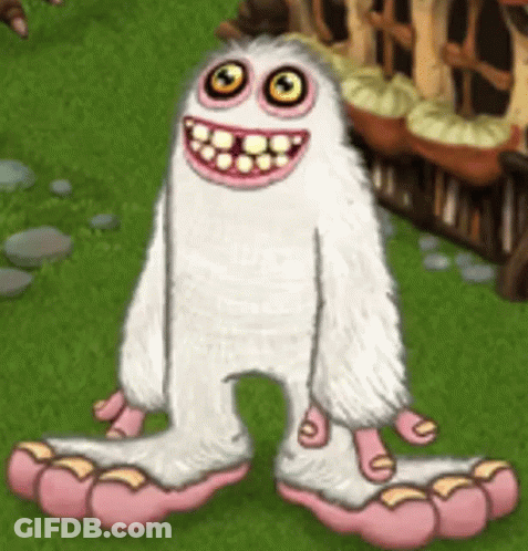 A Cartoon Yeti With Big Feet And A Big Smile Is Standing On A Lush Green Field . GIF