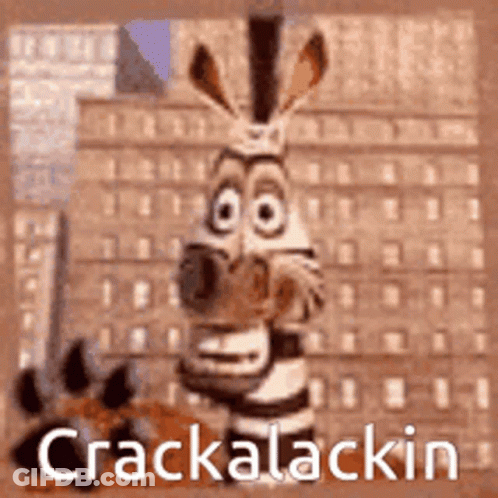 A Cartoon Zebra Is Standing In Front Of A Building With The Words `` Crackalackin '' Written Below It . GIF