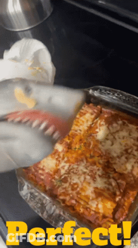 A Casserole Dish With The Word Perfect In Yellow Letters GIF