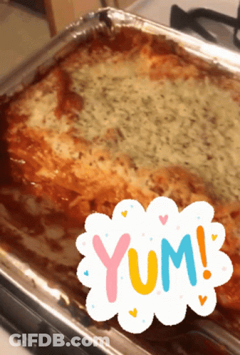 A Casserole Dish With The Word Yum Written On It GIF