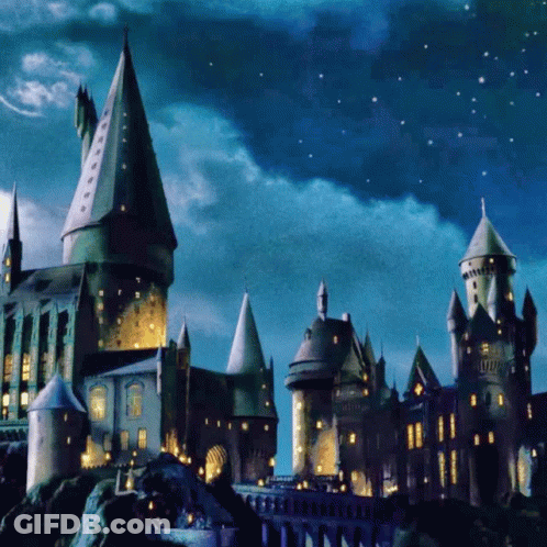 A Castle Is Lit Up At Night With A Starry Sky GIF