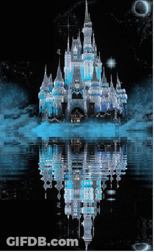 A Castle Is Reflected In The Water With A Crescent Moon In The Background GIF