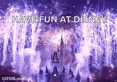 A Castle Is Surrounded By Fireworks With The Words Have Fun At Disney GIF