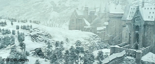 A Castle Is Surrounded By Snow Covered Trees And Mountains GIF