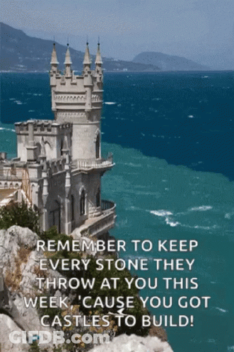 A Castle Sits On A Rock Overlooking The Ocean With A Quote Below It GIF
