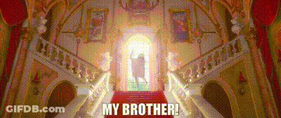 A Castle With Stairs And A Red Carpet And The Words `` My Brother '' GIF