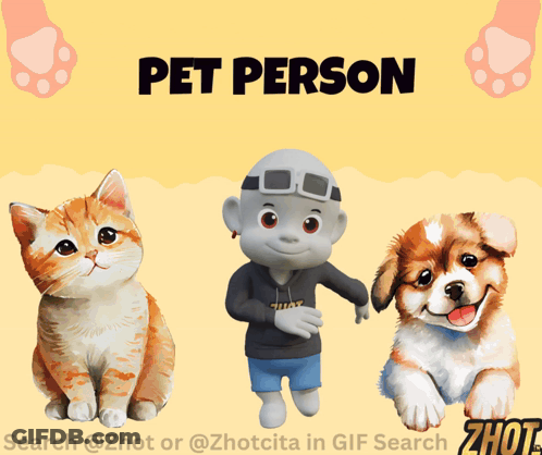 A Cat A Boy And A Dog Are On A Yellow Background With The Words Pet Person Below Them GIF