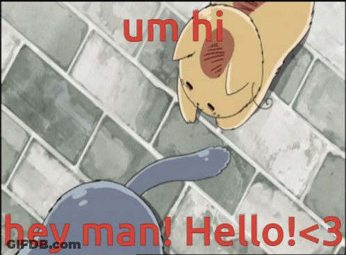 A Cat And A Dog Are Looking At Each Other With The Words Hey Man Hello < 3 GIF