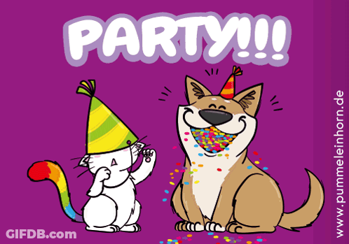 A Cat And A Dog Wearing Party Hats With The Word Party Written On The Top GIF