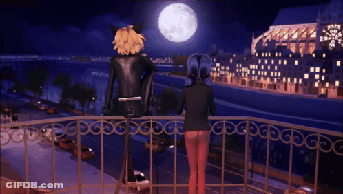 A Cat And A Girl Are Standing On A Balcony Looking At The Full Moon GIF