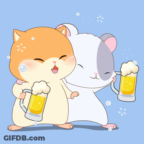 A Cat And A Hamster Are Hugging Each Other While Holding Beer Mugs GIF