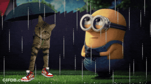 A Cat And A Minion Are Standing In The Rain With An Umbrella GIF