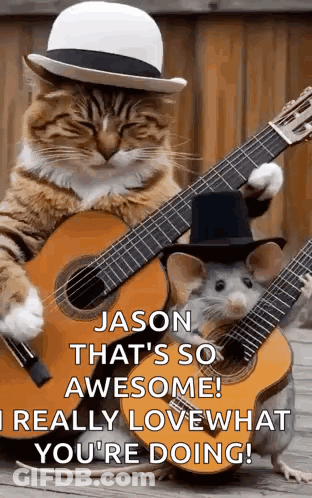 A Cat And A Mouse Are Playing Guitar Together . GIF