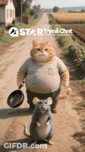 A Cat And A Mouse Are Walking Down A Dirt Road With A Star Tamil Chat Logo GIF