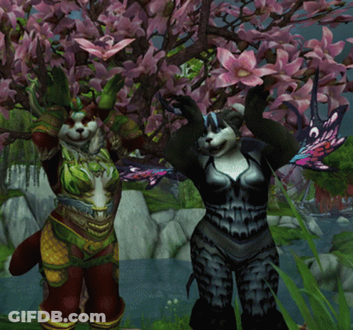 A Cat And A Panda Are Standing Under A Tree With Flowers GIF
