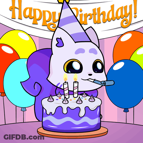 A Cat Blowing Out Candles On A Birthday Cake With Balloons In The Background GIF