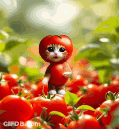 A Cat Dressed As A Tomato Is Surrounded By Tomatoes GIF