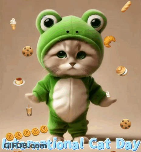 A Cat Dressed In A Frog Costume Is Surrounded By Cookies And Ice Cream And Says Happy International Cat Day GIF