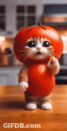 A Cat Dressed Up As A Tomato Is Standing On A Table . GIF