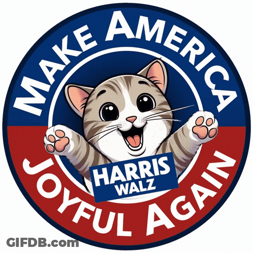 A Cat Holding A Sign That Says Harris Walz GIF