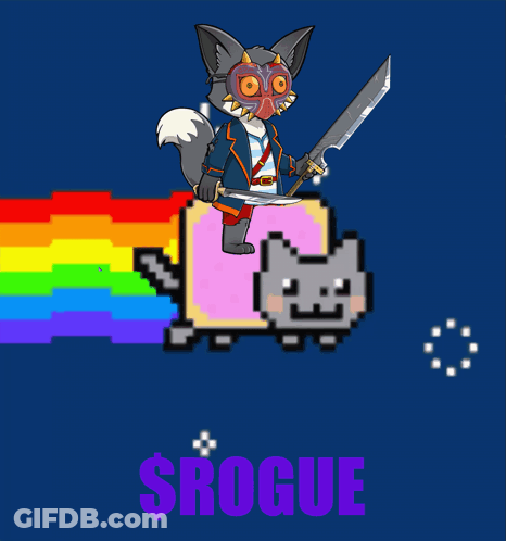 A Cat Holding A Sword Is Riding A Cat With A Rainbow Coming Out Of It And The Word Rogue Below It GIF