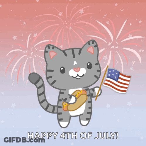A Cat Holding An American Flag And A Hot Dog With The Words Happy 4Th Of July GIF