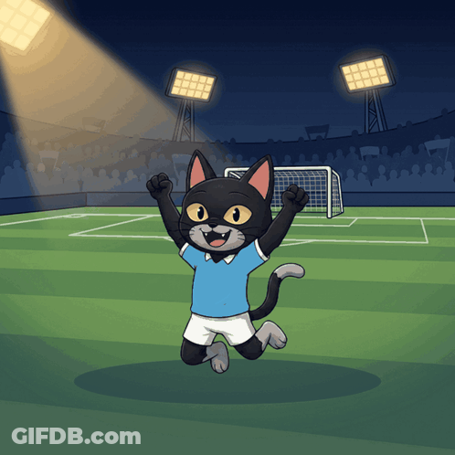 A Cat In A Blue Shirt And Shorts Is Jumping In The Air GIF