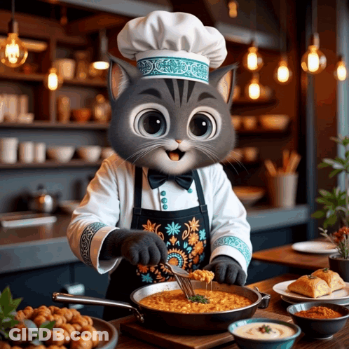 A Cat In A Chef 'S Hat And Apron Stirs A Pot Of Food GIF
