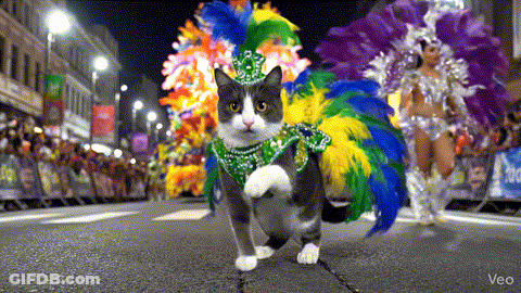 A Cat In A Colorful Costume Is Walking Down A Street In Front Of A Crowd GIF