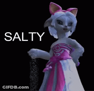 A Cat In A Pink And White Dress Is Sprinkling Salt On A Black Background That Says Salty GIF