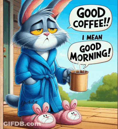 A Cat In A Robe Is Holding A Cup Of Coffee And Saying Good Morning GIF