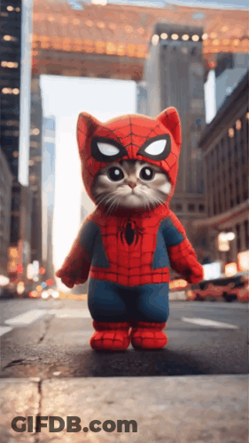 A Cat In A Spiderman Costume Is Standing On A Street GIF