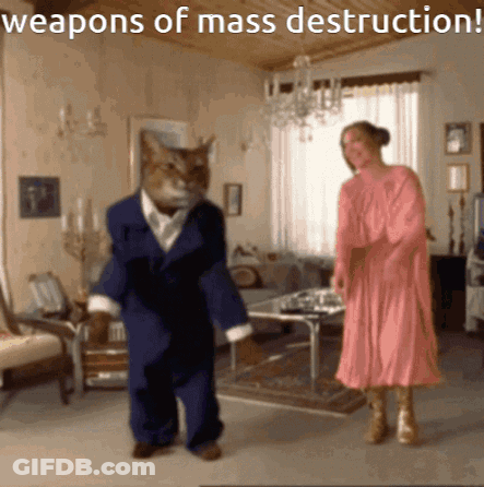 A Cat In A Suit And A Woman In A Pink Dress Dancing In A Living Room With The Caption Weapons Of Mass Destruction GIF