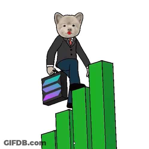 A Cat In A Suit And Tie Is Sitting On Top Of A Green Bar Graph GIF
