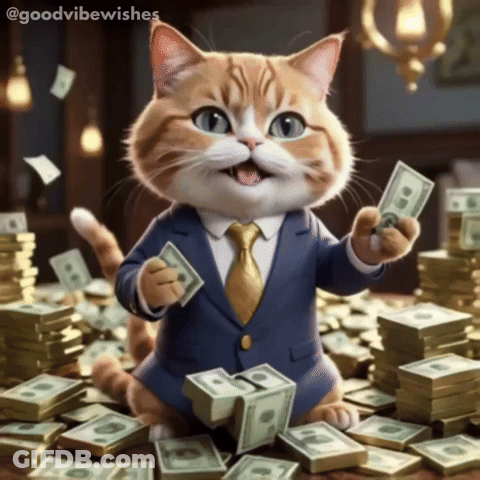 A Cat In A Suit Is Surrounded By Stacks Of Money GIF