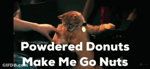 A Cat In A Wheelchair With The Words " Powdered Donuts Make Me Go Nuts " Below It GIF