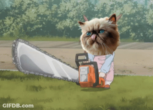 A Cat In Overalls Is Holding A Chainsaw In Its Paws GIF