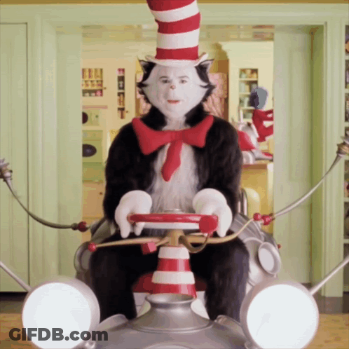 A Cat In The Hat Is Sitting On A Chair With A Steering Wheel GIF
