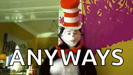 A Cat In The Hat Is Standing In Front Of A Wall With The Words Anyways Written On It . GIF