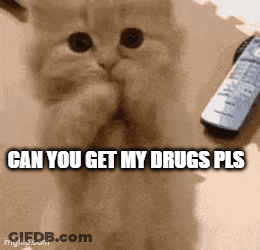 A Cat Is Covering Its Face Next To A Remote Control With The Words Can You Get My Drugs Pls GIF