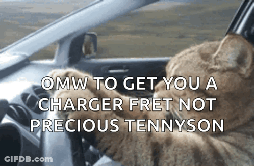 A Cat Is Driving A Car With The Words Omw To Get You A Charger Fret Not Precious Tennyson Below It GIF