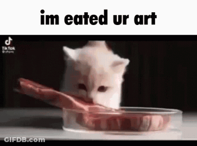 A Cat Is Eating A Piece Of Meat Out Of A Bowl . GIF