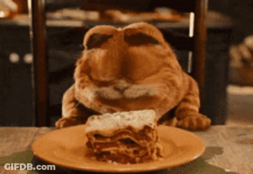 A Cat Is Eating A Slice Of Lasagna GIF