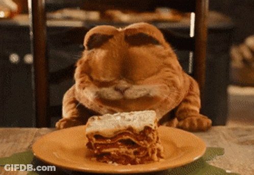 A Cat Is Eating A Slice Of Lasagna GIF