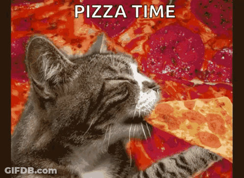 A Cat Is Eating A Slice Of Pizza With The Words Pizza Time Written Above It GIF