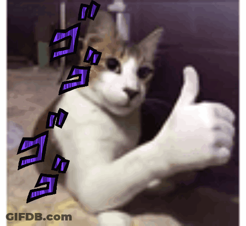 A Cat Is Giving A Thumbs Up Sign With Purple Letters On It GIF