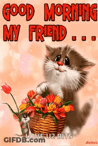 A Cat Is Holding A Basket Of Flowers And Saying Good Morning My Friend . GIF