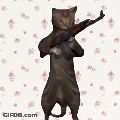 A Cat Is Holding A Gun Over Its Shoulder Against A Floral Background GIF